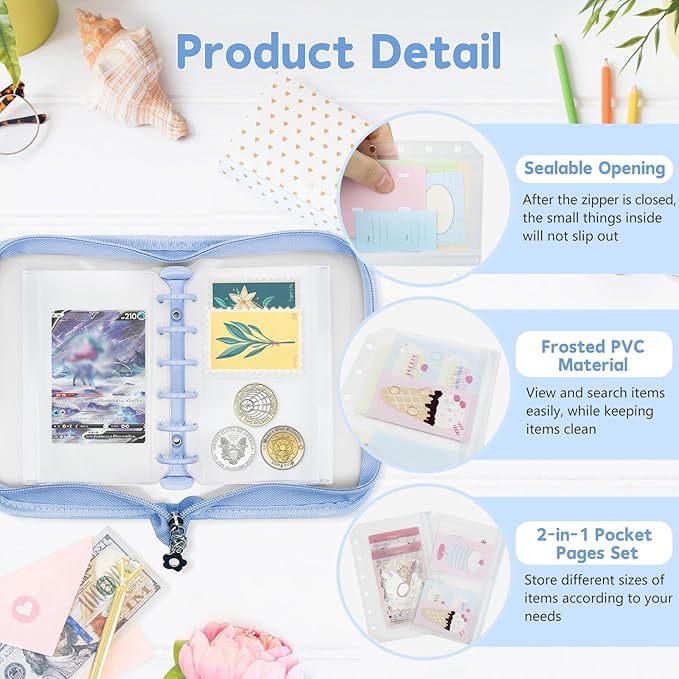 16 Pack Zippered Binder Pocket Sleeves for A7 Binder - Frosted Zipper Pouch Set Photo Card Jewelry Storage Organizer Binder Insert Refill Cash Saving Pages Protector Loose Leaf Bag (6-Hole)