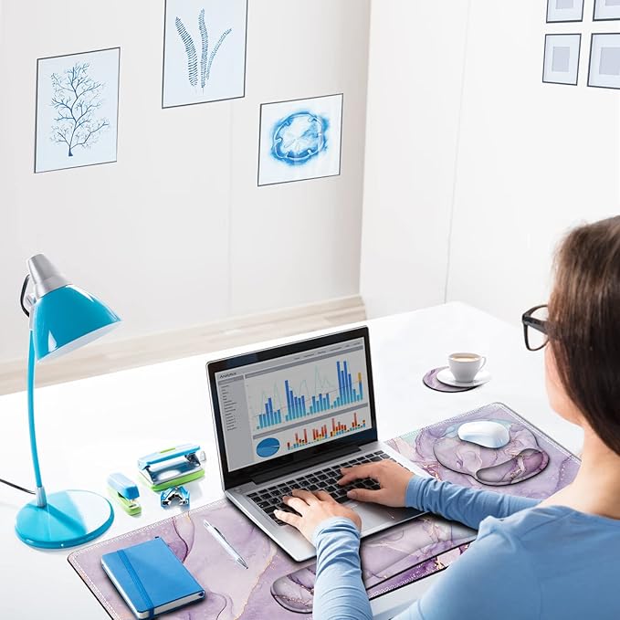 ARTSO Large Mouse Pad Ergonomic Keyboard Wrist Rest Support Set, Memory Foam Gel Wrist Pad, Extended Desk Mat Protector, Non-Slip Desk Blotter, Purple Blue Marble