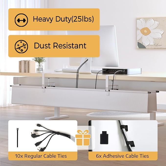 Under Desk Cable Management Tray - 48" Cord Organizer for Desk No Drill, Fabric Under Table Wire Organizer with 16X Cable Ties Hide for Office/Home, Cord Hider Fits Adapters & Sockets, White