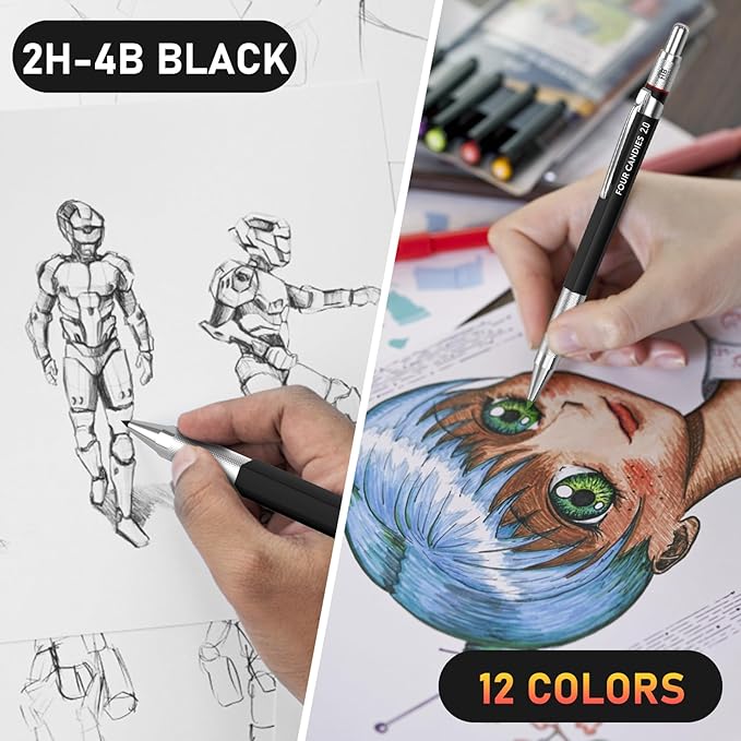Four Candies 2MM Mechanical Pencil Set with case, Artist Led Pencil Metal Lead Holder with 60PCS Graphite Lead Refill (HB, 2H, 2B, 4B, Color) Kneaded Eraser, Sharpener for Writing, Drawing, Sketching