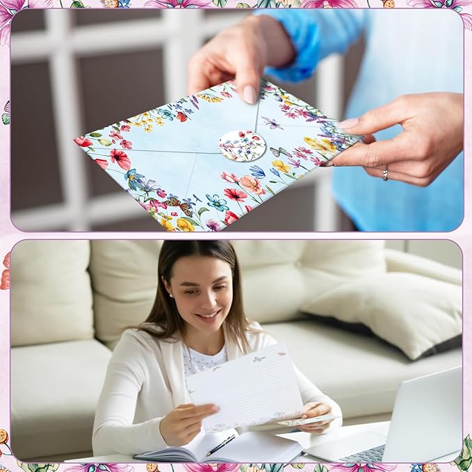 TaoBary 160 Pcs Stationery Paper Set 50 Double Sided Stationery Papers with 50 Matching Envelopes and 60 Round Dot Sticker, 10 Design(Wildflower,8.5 x 11 Inch)