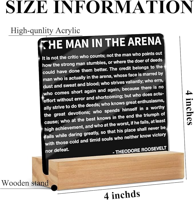 Christmas Thank You Gifts, Inspirational Office Acrylic Sign for Cubicle Decor The Man In The Arena Desk Decorations, Acrylic Plaque, Book Shelf Desktop Art Decoration Motivational Office Gifts for Men Coworker Employee Friend
