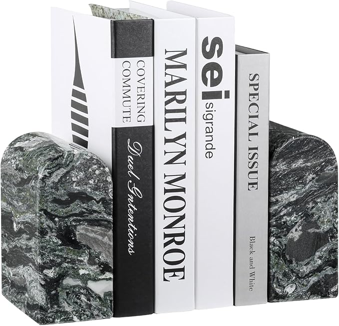 Koville South African Natural Marble Bookends for Shelves, Non-Slip Book Ends, 13LBS Ultra Heavy Duty Marble Book Holder Organizer, Apartment Decor for Movies/CD/Video Games(Olive Green)