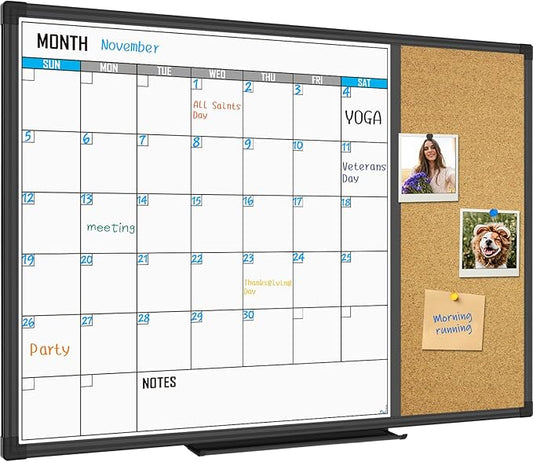 XBoard Dry Erase Calendar Whiteboard 28 X 20 - Combo White Board Calendar Monthly, Magnetic White Board + Corkboard with Black Aluminum Frame