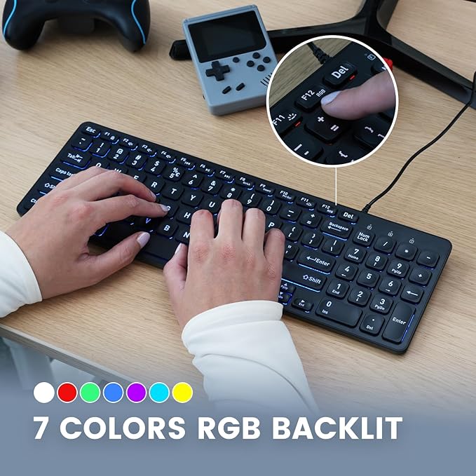 Perixx PERIBOARD-333RGB Wired Backlit USB Keyboard- X Type Scissor Keys - Compact 14.25x4.57x0.83 Inches - Big Print Letters - RGB Backlit - US English