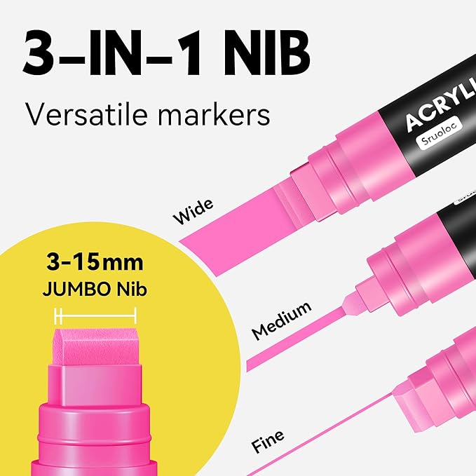 3 Jumbo Permanent Markers Pink, 15mm Thick Wide Tip, Large Acrylic Paint Markers for Rock Painting, Poster, Graffiti, Stone, Ceramic, Glass, Wood, Canvas
