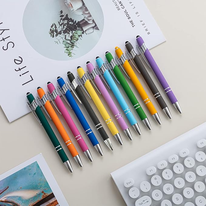 PASISIBICK 12 Pieces Ballpoint Pen with Stylus Tip, Metal, 2 in 1 Stylus Ballpoint Pen 1.0 mm Black Ink (Pack of 12) for Smartphone, Tablet