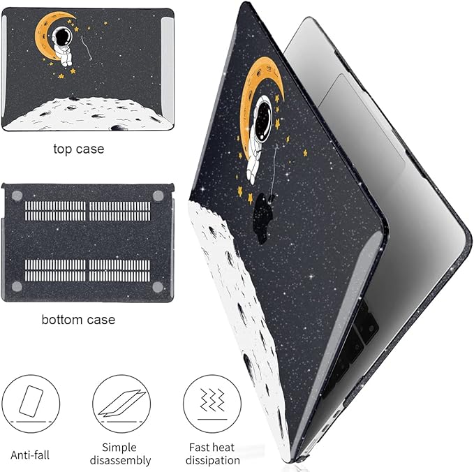 for MacBook Air 13.6 inch Case 2025 2024 2023 2022 Release M4 A3240 M3 A3113 M2 A2681, Glitter Black Printed Plastic Hard Shell Case Cover for Mac Air 13.6 M4 Chip Touch ID, Astronaut Moon