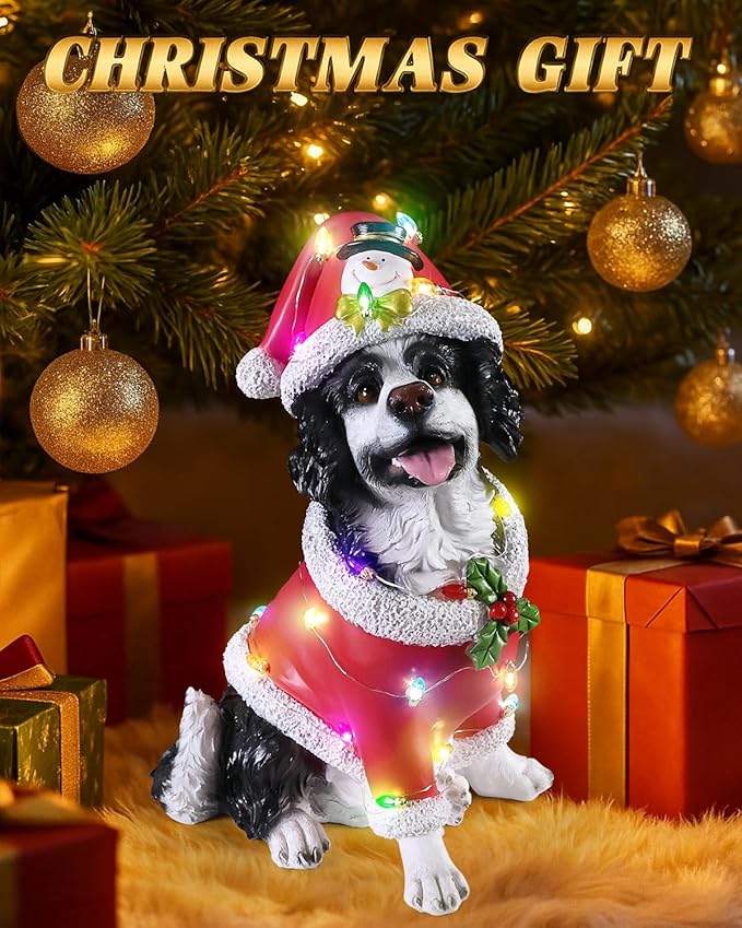 Christmas Outdoor Decoration Dog Statue, LED Light Cute Springer Spaniel Dog Sculpture with Santa Outfit & Lights for Garden and Yard, Indoor Holiday Décor Gift for mom and dad