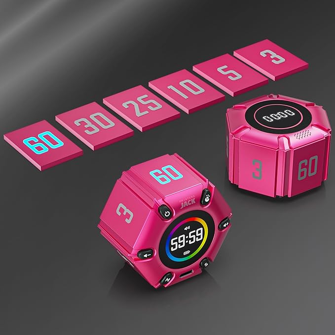 Printers Jack, Visual Pomodoro Timer, Productivity Cube Timer, Mute & Vibration & Adjustable Sound Alert, for Office, ADHD, Study, Work, 3/5/10/25/30/60min & Custom Countdown - Hot Pink