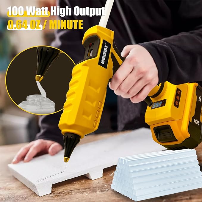 MONVICT Cordless Glue Gun for Dewalt 20V Battery with 50 Glue Sticks, Upgraded 100W Digital Temperature Adjustable Handheld Electric Power Full Size Heavy Duty Hot Glue Gun (Tool only)