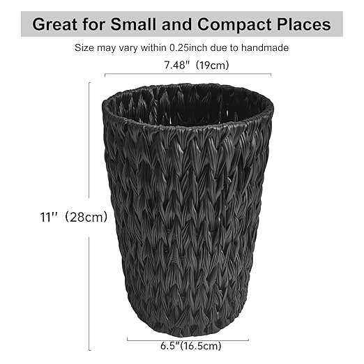 Wicker Trash Can,Small Trash Can,Handwoven Waterproof Wicker Trash Basket,Round Garbage Can,Compact Waste Basket for Bathroom,Bedroom,Office,2 Gallon Black