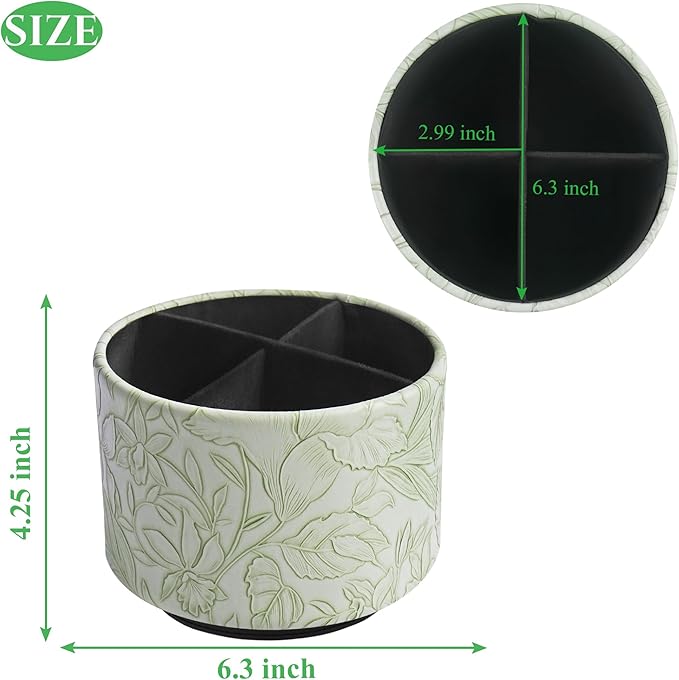 Hennaja Round Leather Art Supply Organizer,Remote Control Holder,360 Degree Spinning,Multi-Functional Pencil Holder,4 Compartments Desktop Stationary Organizer(1-Carved Green)