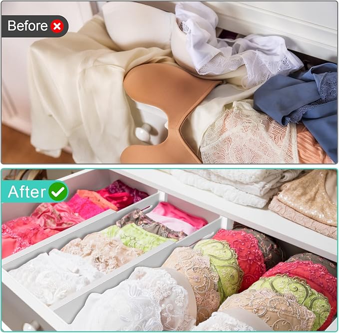 FJO 4 Pack Adjustable Bamboo Drawer Dividers - 11.8" - 17" Expandable Drawer Separators for Kitchen, Utensils, Clothes, Bedroom, Dresser, Bathroom (White)