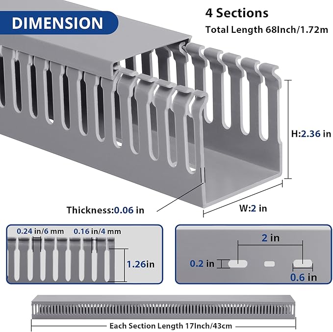 68in (4X L17in) Professional Server Rack Cable Management Raceway, H2.4 x W2in Large Capacity Cable Raceway Kit, Electrically Safe PVC, Open Slot Wire Raceway for Under Desk/Computer/Network Cords