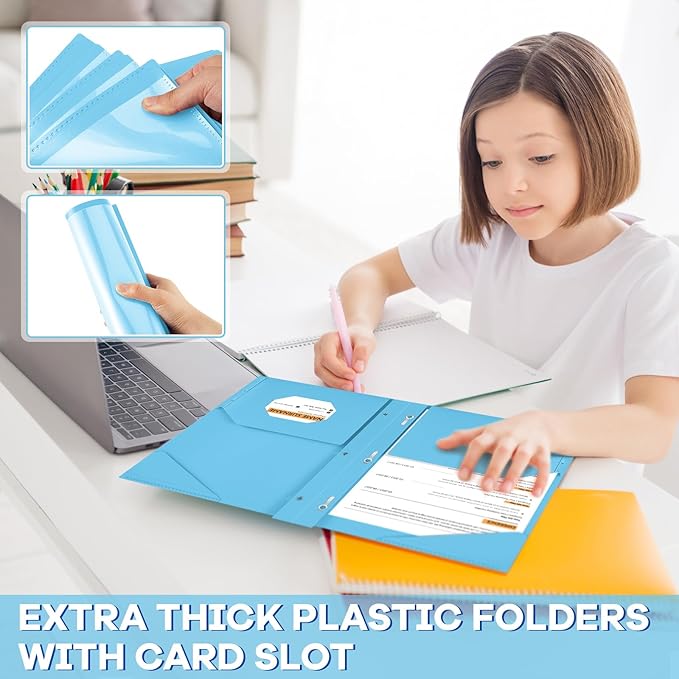 Henoyso 36 Pcs Plastic Folder with Clear Front Pocket and 3 Prong Plastic Folders with Card Slot Pocket Folders with Prongs for School Office (Light Blue)