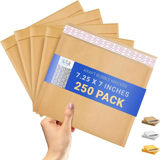 ABC PACK & SUPPLY Brown Kraft Bubble Mailer Envelopes, 7.25 x 7 Inches. 250 Pack Mail Padded Envelopes Self Seal. Kraft Bubble Mailers. Tear-Resistant Mailing Envelope Padded. Sturdy Paper Mailer
