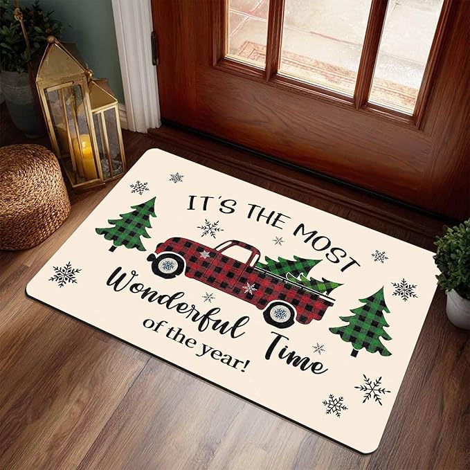 Merry Christmas Buffalo Plaid Truck Doormat Welcome Tree Mat Non Slip Holiday Xmas Front Door Mat for Entrance Indoor Home Bathroom Floor Decoration, 18" x 30"Inch
