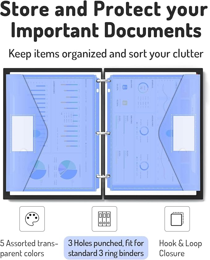 Forvencer Binder Pocket, 4X Regular Capacity, 5 Pack Super Heavyweight Plastic Folders with Tight Closure, Folders with Pockets Side Loading, Binder Organizer, Binder Dividers, Letter Size, Extended