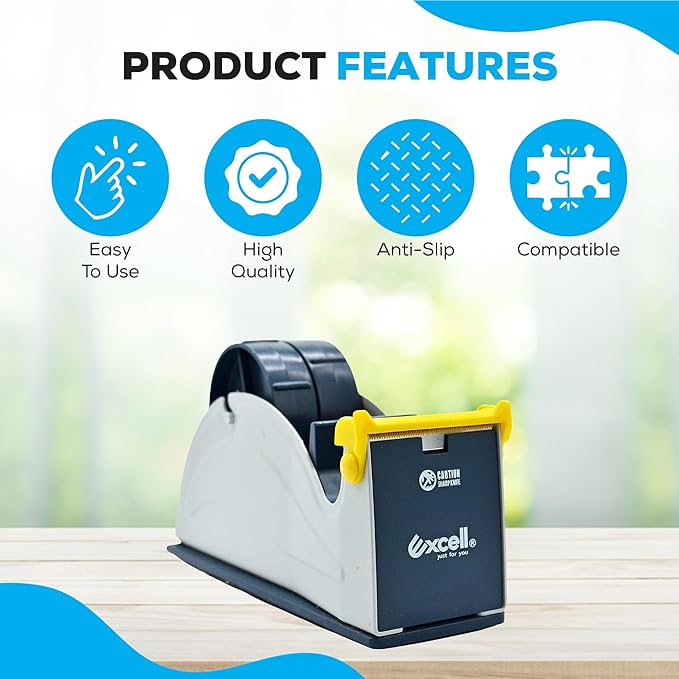 Excell ET-227 Blue/Grey Premium Twin-Roll Steel Desk Top Dispenser: 2 in. Wide (3 in. core) + LuxProdX Sticker