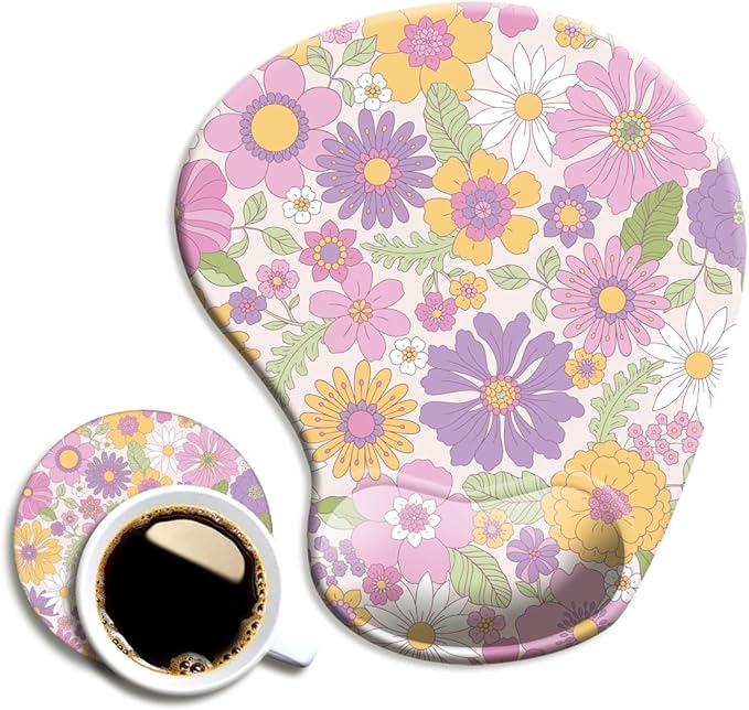 Ergonomic Mouse Pad with Wrist Support and Coaster,Mouse Pads with Non-Slip PU Base for Home Office Working Studying Easy Typing & Pain Relief Daisy Blossom