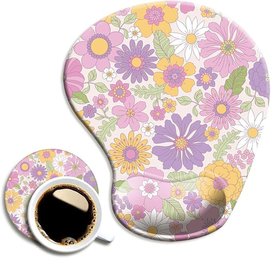 Ergonomic Mouse Pad with Wrist Support and Coaster,Mouse Pads with Non-Slip PU Base for Home Office Working Studying Easy Typing & Pain Relief Daisy Blossom