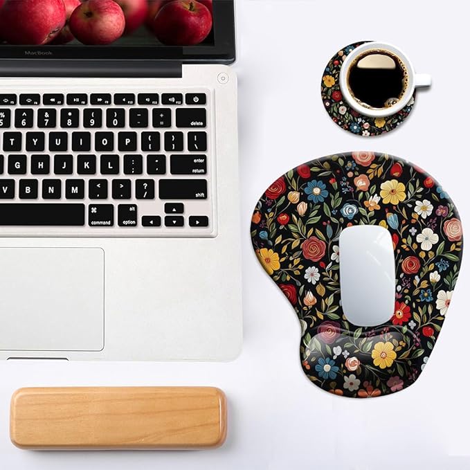 Ergonomic Mouse Pad with Wrist Support,Mouse Pad with Wrist Rest and Coaster Set,Office Supplies Non-Slip Mouse Pads for Desk, Non-Slip Comfortable,Black Floral