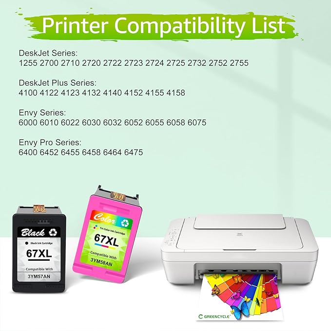 greencycle 67XL Remanufactured Ink Cartridge Compatible with HP 67 XL DeskJet 1255 2722 DeskJet Plus 4122 4123 4132 Envy 6052 6055 Envy Pro 6452 6455 Printers (Black 1 Pack, Tri-Color 1 Pack)