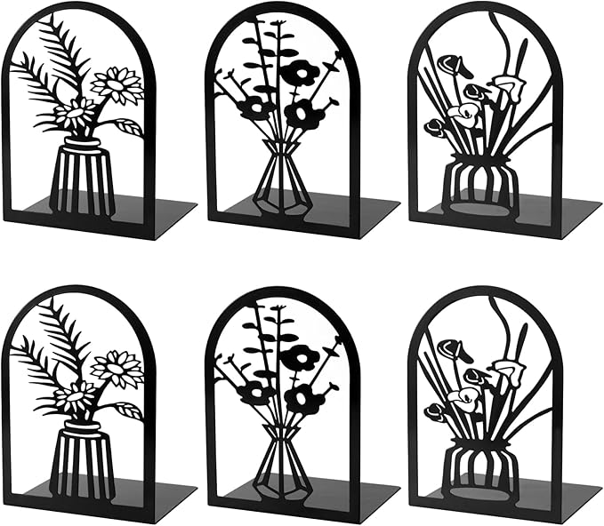 3 Pairs Metal Book Ends, Flower Bookends for Shelves Decorative, Book Stopper for Heavy Books, Ends to Hold Books for Home Office