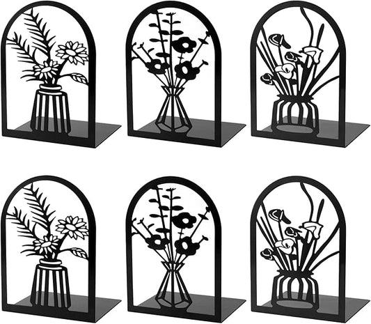 3 Pairs Metal Book Ends, Flower Bookends for Shelves Decorative, Book Stopper for Heavy Books, Ends to Hold Books for Home Office