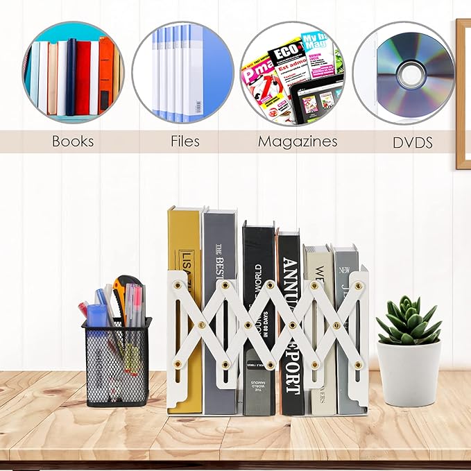 Olebes Adjustable Book Ends, Metal Iron Non Skid Boo kends, Expandable Bookcase Bookend Stand Holder Book Storage Rack, Heavy Bookends for Office Desk, Shelf, Stationery (White)
