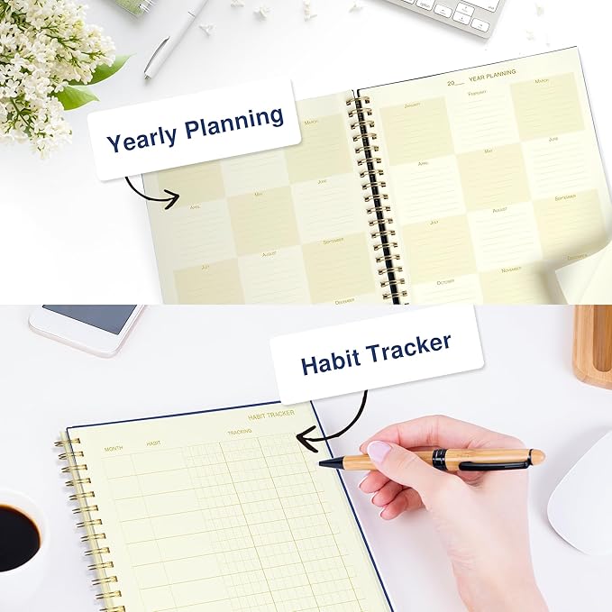 Undated Daily Planner To Do List Hourly Schedule 2027 2026 2025 Calendar & Holiday Habit Tracker 180 Pages Letter Size 8.5" x 11" Sheets Hardcover Spiral Bound Notebook (Navy Blue)