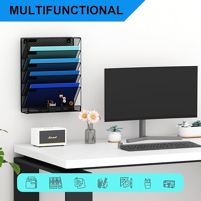 Wall File Organizer Holder Mesh Hanging Paper Document Holder,Vertical 6 Pocket Tier for Office Home, Black