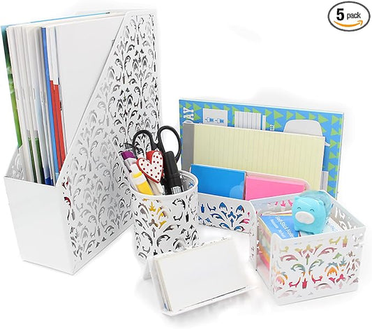 EasyPAG Desk Organizers and Accessories 5 Pieces Office Supplies Set - Vertical File Organizer, Pencil Cup for Desk, Mail Sorter Countertop, Business Card Holder and Sticky Note Holder, White