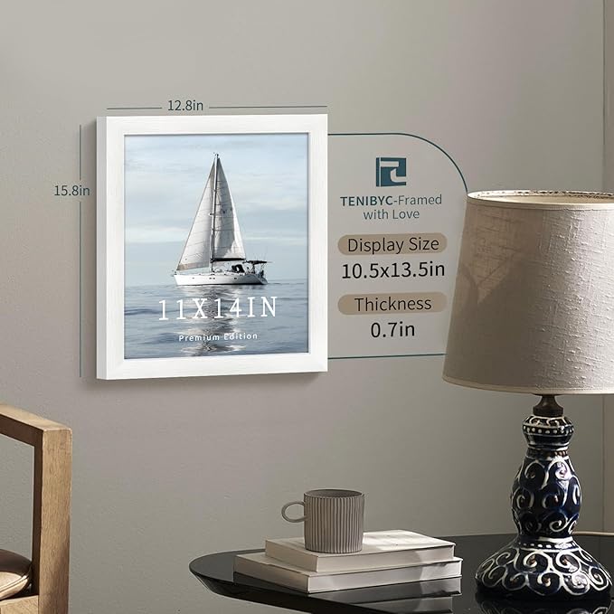 11x14 Picture Frame Set - 3 Pack, Textured White Solid Wood, HD Tempered Glass, Wall Gallery Photo Frame