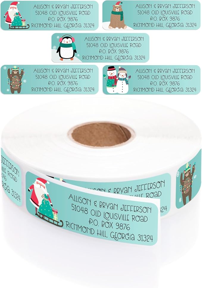 Whimsical Christmas Rolled Address Labels / 250 Personalized Return Address Labels/Designer Address Stickers in Elegant Plastic Dispenser