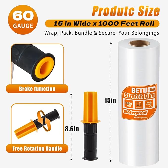 BETU Plastic Wrap Stretch Film for Moving Supplies 15inch X 1000ft, Shrink Wrap Stretch Roll Industrial for Furniture Wrapping Shipping Pallet Moving Boxes Storage with Handles, 1 Pack, Clear