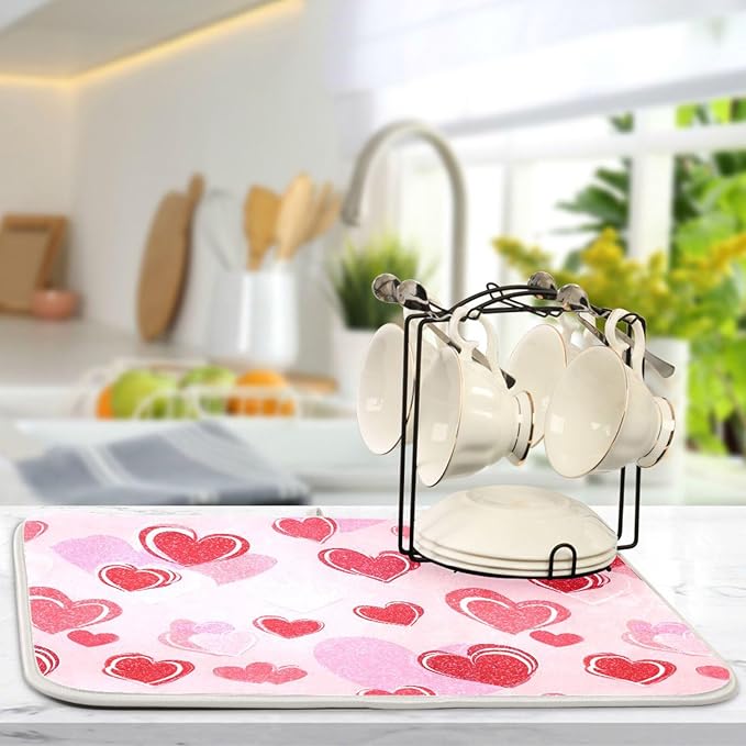 Mothers Valentines Day Hearts Dish Drying Mat 18 X 24 Inch Stars Romantic Red Pink Glitter Love Heart Dry Dishes Pads Drainer Mats Tableware Protector for Home Kitchen Countertops Counter Decorations