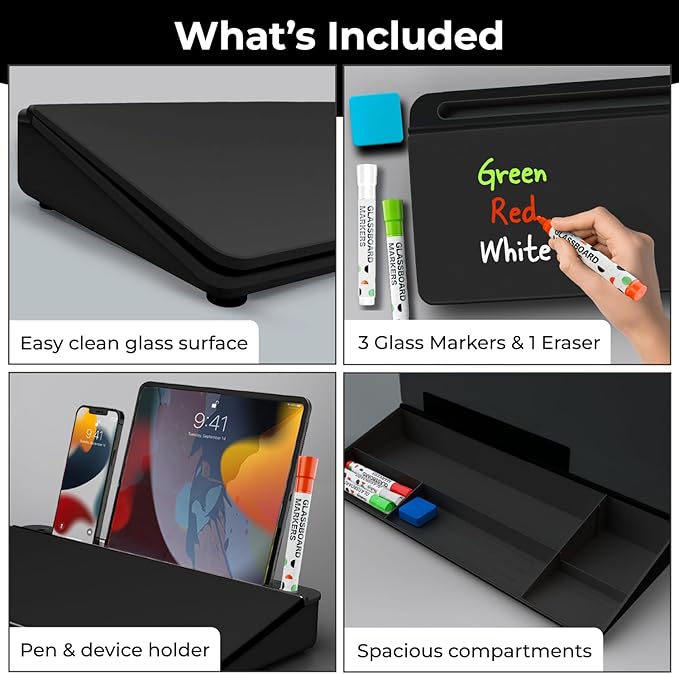 Chalkola Black Glass Desktop Whiteboard with Storage - Dry Erase Board, Work Desk Organizers, Computer Keyboard Stand, Home Office Desk Accessories, Workspace Desktop Buddy + 3 Markers