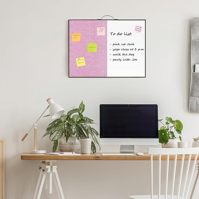 Small White Board Cork-Board Combo - 16 X 12 inches Pink Linen Board & Magnetic Dry Erase Board for Wall, Mini Bulletin Cork Board with Holder for Office, Home and School