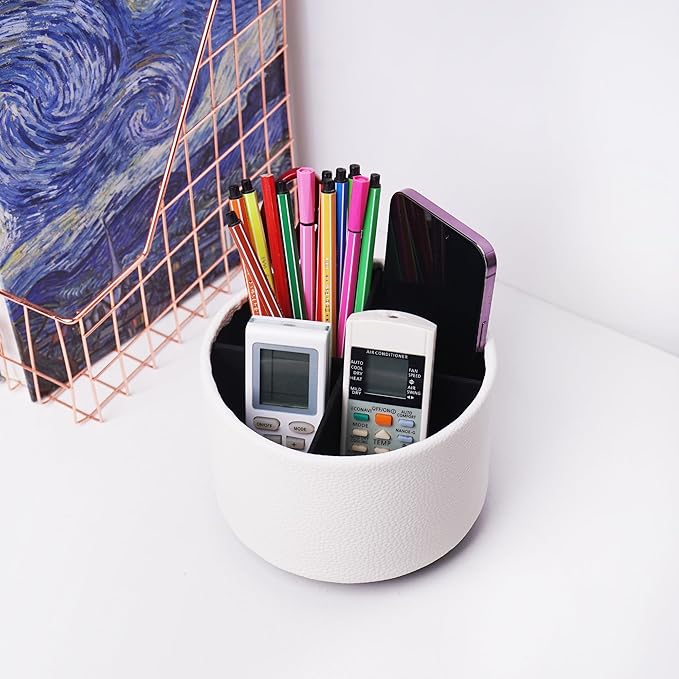 Hennaja Round Leather Art Supply Organizer,Remote Control Holder,360 Degree Spinning,Multi-Functional Pencil Holder,4 Compartments Desktop Stationary Organizer(1-Lichee White)