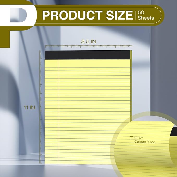 12 Pack Legal Pads 8.5" x 11" College Ruled Yellow Note Pads 8.5 x 11 Inch Micro-Perforated Notepad 600 Sheets in Total Lined Writing Paper Notebook for Office, School Supplies & To-Do Lists