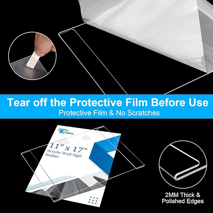 EHWINE 8 Pack 11x17 Wall Mount Acrylic Sign Holder, Wall Signs Photo Menu Flyer Display Holders, Plastic Clear Acrylic Frames for Office Home Hotel Business Store (with Adhesive Tape)