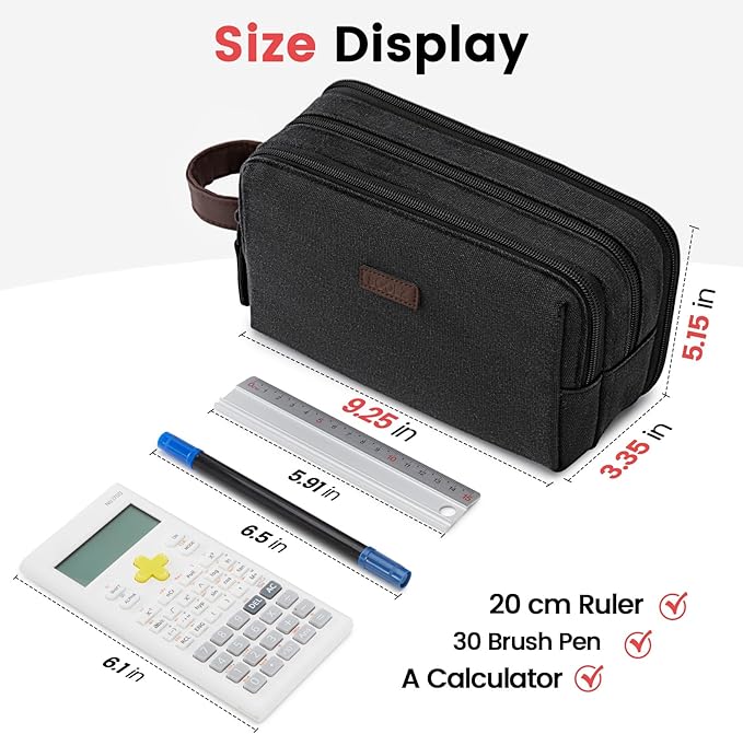 Sooez Large Pencil Case Pouch, Extra Big Pencil Pouch Pencil Bag with PU Handle & Zipper, Sturdy Pen Case with 3 Compartments, Aesthetic School College Supplies Organizer for Men Women Boys, Brown