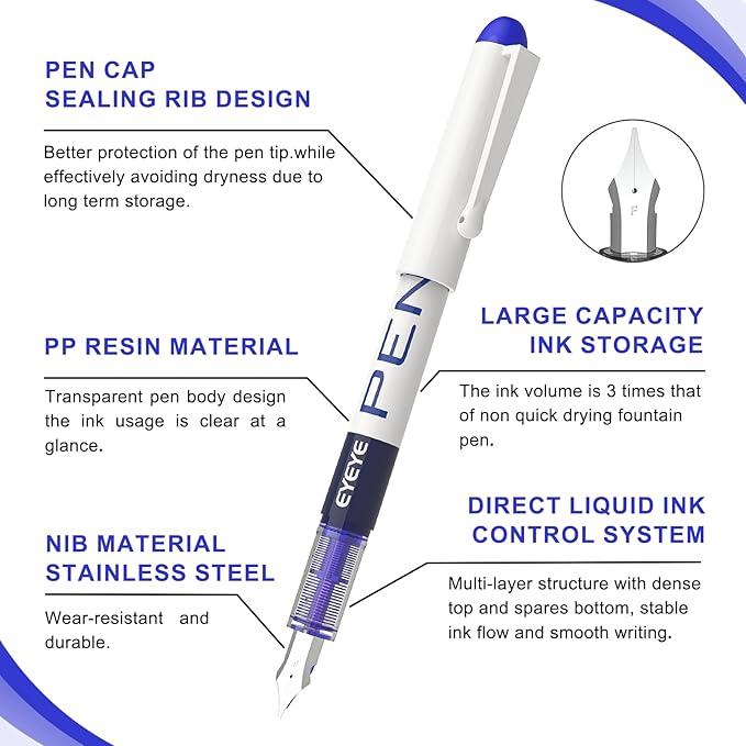 EYEYE Fountain Pens for Writing, 8 Pack Assorted Colors Fine Point Disposable Fountain Pens Stainless Steel Nib, Smooth Writing for Calligraphy, Journaling, Drafting, Sketching, Doodling & Gifts