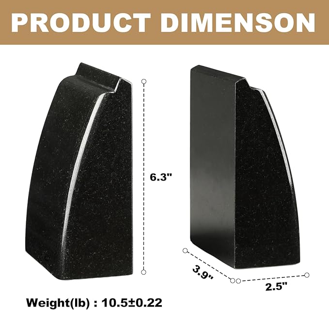 Koville Granite Bookends for Shelves, 10Lbs Large Bookends for Heavy Books, Non-Slip Heavy Duty Book Stopper for CD/Movies, Aesthetic Decorative Book Ends for Bookshelf Table Home Office(Black)