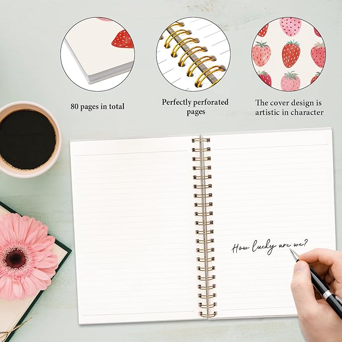 JXREQ Strawberry Pink Notebook Journal for Women Teen Girls Note Taking Writing College, Strawberry Office School Supplies, Cute Spiral Notebooks 5.5x8.3