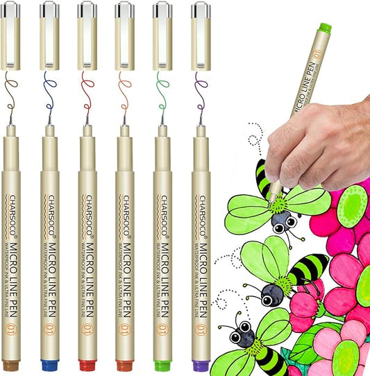 01 Micro Pen, Fine Point Pen with 6 Colors, Waterproof Archival Ink, 0.25mm Fineliner Ink Pens for Artist Illustration, Sketching, Anime, Manga, Technical Drawing and Scrapbooking