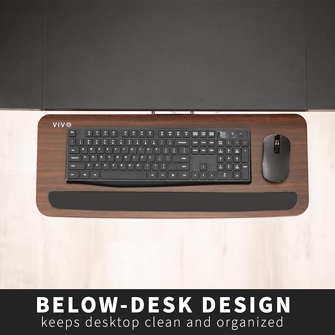 VIVO Adjustable Computer Keyboard and Mouse Platform Tray, Ergonomic Under Table Desk Mount Drawer Underdesk Shelf, Dark Wood Top, Black Frame, MOUNT-KB03D