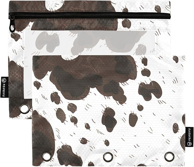 ZAZYXTJ Cow Print Binder Pencil Pouchs 3 Ring with Zipper Clear Window Office Organizers bag for School Students Teacher Supplies 2 Pack